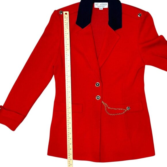 St John Collection Knit Blazer Red Gold Chain Navy Trim 10 Vintage Luxury Jacket - Picture 8 of 11